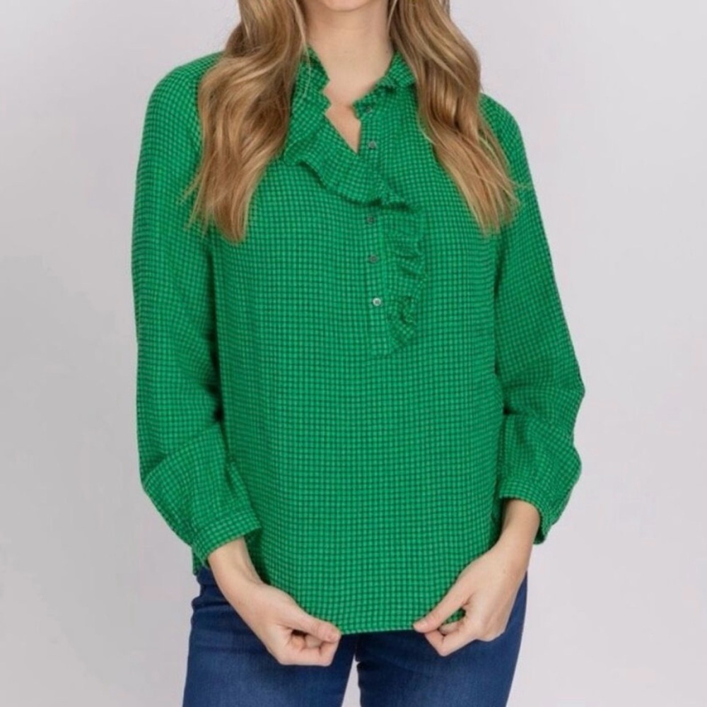 Xirena Caspian Ruffled Henley Long Sleeve Top in‎ Green Woven Plaid Size XS